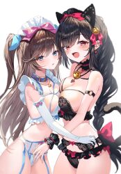  2girls absurdres animal_ears bare_shoulders bell black_bra black_hair black_panties blue_choker blue_eyes bow bra braid breasts brown_hair cat_ears cat_tail choker cleavage cowboy_shot facial_mark frilled_bra frilled_choker frilled_panties frills garter_belt hair_bow headdress highres jingle_bell large_breasts lingerie long_hair looking_at_viewer multiple_girls navel one_side_up open_mouth original panties parted_lips q_cupid_p3 red_eyes simple_background single_braid smile tail underwear underwear_only very_long_hair whisker_markings white_background white_bra white_panties 