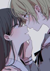  2girls black_hair blonde_hair blush ear_piercing earrings embarrassed hand_on_another&#039;s_face hand_on_another&#039;s_head hand_on_another&#039;s_shoulder imminent_kiss jewelry long_hair looking_at_another multiple_girls musshu_(omu001) open_mouth original piercing school_uniform short_hair simple_background white_background yuri 
