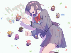 6+girls :3 =_= ^_^ aijou_karen animal animal_on_head bird bird_on_head black_hair black_hairband black_pantyhose black_socks blonde_hair blue_hair bow bowtie box breast_pocket brown_hair brown_shoes cellphone chibi chinese_commentary clenched_hand closed_eyes closed_mouth collared_shirt colored_shadow commentary_request confetti cowboy_shot crown_hair_ornament daiba_nana facing_away gift gift_box green_ribbon grey_background grey_jacket grey_skirt hair_bow hair_ornament hair_ribbon hairband hairclip hanayagi_kaoruko hands_on_own_chest hands_up happy_birthday highres holding holding_gift holding_phone holding_stuffed_toy hoshimi_junna isurugi_futaba jacket kagura_hikari kneehighs long_hair long_sleeves looking_ahead looking_at_another low_ponytail lying mini_person minigirl miniskirt multiple_girls on_back on_head on_side open_clothes open_jacket open_mouth outstretched_arms pantyhose parted_bangs phone pink_hair pleated_skirt pocket ponytail purple_hair red_bow red_bowtie rei931218 ribbon saijou_claudine school_uniform seishou_music_academy_uniform shadow shirt shoes short_hair short_twintails shoujo_kageki_revue_starlight side_ponytail simple_background skirt smartphone socks solid_oval_eyes sparkle_hair_ornament standing stuffed_animal stuffed_toy taking_picture teddy_bear teeth tendou_maya tsuyuzaki_mahiru twintails two_side_up upper_teeth_only white_shirt x_hair_ornament 