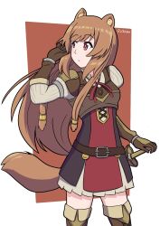  1girl animal_ear_fluff animal_ears arm_up armor armored_gloves artist_name belt black_dress boots border breastplate breasts brown_belt brown_boots brown_gloves brown_hair collared_dress commentary_request cowboy_shot dress elbow_gloves erushido274 floating_hair gloves high_collar highres layered_dress leather_armor light_frown long_hair long_sleeves looking_to_the_side metal_arm_cuffs metal_hair_tubes metal_wrist_cuffs neck_ribbon outside_border pauldrons raccoon_ears raccoon_girl raccoon_tail raphtalia red_background red_dress red_eyes red_ribbon ribbon sheath sheathed short_dress shoulder_armor signature single_pauldron sleeveless sleeveless_dress small_breasts solo standing straight_hair striped_clothes striped_dress sword tail tate_no_yuusha_no_nariagari thigh_boots thighhighs two-tone_dress vertical-striped_clothes vertical-striped_dress weapon white_border white_dress zettai_ryouiki 