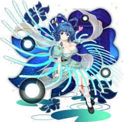  1girl aqua_dress black_shoes blue_eyes blue_hair breasts chisel cleavage closed_mouth dress drill_hair drill_sidelocks full_body game_cg hair_ornament hair_rings hair_stick hand_on_own_chest highres kaku_seiga kaku_seiga_(desires) large_breasts looking_at_viewer official_art rotte_(1109) shawl shoes short_hair short_sleeves sidelocks smile socks solo ten_desires third-party_source touhou touhou_lostword white_background white_socks 