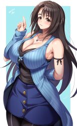  1girl arm_warmers black_hair blue_arm_warmers breasts brown_eyes cleavage collarbone commission dated final_fantasy final_fantasy_viii highres huge_breasts index_finger_raised jewelry long_hair looking_at_viewer necklace rinoa_heartilly skeb_commission skirt sleeveless_duster smile solo yoohi 