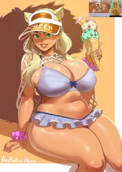  1girl absurdres aestheticc-meme alternate_hair_color alternate_hair_length alternate_hairstyle animal_ears bikini bikini_skirt blonde_hair breasts earrings extra_ears food freckles freckles_on_breasts frilled_bikini frills green_eyes highres holding holding_food holding_ice_cream hoop_earrings huge_breasts ice_cream ice_cream_cone jewelry marvel marvel_rivals muffin_top navel plump real_life_insert reference_inset squirrel_ears squirrel_girl squirrel_girl_(marvel) squirrel_tail swimsuit tail tan thick_thighs thighs 