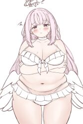  1girl angel_wings arms_under_breasts bikini blue_archive blush breasts choker cleavage crossed_arms embarrassed fat fat_woman feathered_wings frilled_bikini frills halo highleg highleg_bikini large_breasts layered_bikini long_hair low_wings mika_(blue_archive) mika_(swimsuit)_(blue_archive) multicolored_eyes navel pink_hair plump purple_eyes skindentation solo standing sweat swimsuit wawawaltz white_background white_bikini white_choker white_wings wide_hips wings yellow_eyes 