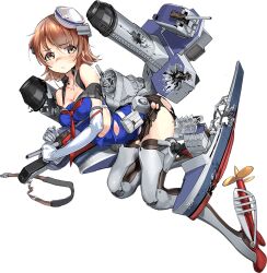  1girl autocannon black_sailor_collar black_skirt black_thighhighs blue_shirt blush bofors_40_mm_gun breasts brown_eyes brown_hair cannon cleavage dixie_cup_hat dress elbow_gloves flipped_hair frown full_body gloves hat kantai_collection looking_at_viewer medium_breasts military_hat neckerchief nose_blush off-shoulder_dress off_shoulder official_art red_neckerchief richard_p._leary_(kancolle) richard_p._leary_kai_(kancolle) rigging rudder_footwear sailor_collar shirt short_hair skirt smokestack solo thighhighs torn_clothes torn_shirt torn_skirt transparent_background white_gloves white_hat zeco 