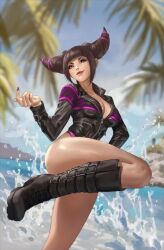  1girl artist_request black_hair blue_sky boots breasts han_juri heterochromia jacket large_breasts leather leather_jacket lips nails ocean official_art one_leg_raised pointing pointing_at_self presenting sky smile street_fighter street_fighter_6 udon_entertainment water 