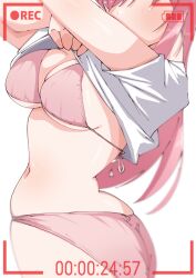  1girl battery_indicator bikini blush bocchi_the_rock! breasts cleavage clothes_lift commentary_request cowboy_shot faceless faceless_female gotoh_hitori highres ichigo_monaka large_breasts lifting_own_clothes long_hair navel pink_bikini pink_hair recording shirt shirt_lift short_sleeves sidelocks simple_background solo string_bikini swimsuit timestamp viewfinder white_background white_shirt 
