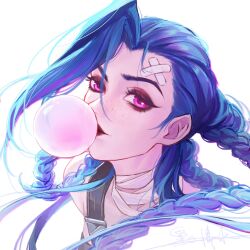 1girl arcane:_league_of_legends bandaged_neck bandages bandaid bandaid_on_face bandaid_on_forehead black_eyeshadow blowing_bubbles blue_hair braid chewing_gum commentary cropped_shoulders crossed_bandaids eyelashes eyeshadow freckles heibai_bangbing highres jinx_(league_of_legends) league_of_legends lipstick long_hair looking_at_viewer makeup pink_eyes red_lips signature simple_background solo three_quarter_view twin_braids twintails variant_set white_background 