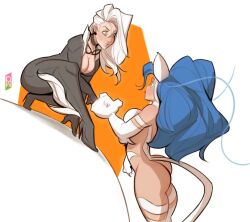  2girls animal_ears animal_hands ass bare_shoulders black_cat_(marvel) blue_hair bodysuit breasts cat_ears cat_tail cleavage crossover darkstalkers felicia_(darkstalkers) felicia_hardy high_heels large_breasts long_hair marvel multiple_girls name_connection phelippetom spider-man_(series) tail very_long_hair white_fur white_hair 