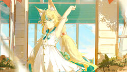  1girl ;) absurdres animal_ears arm_up blonde_hair blue_eyes blue_streaks cat_ears closed_mouth dress dudrinm highres indie_virtual_youtuber lifebuoy_hair_ornament long_hair low_twintails one_eye_closed sailor_dress sameko_saba smile solo stretching twintails virtual_youtuber white_dress 