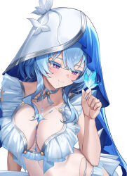  1girl adapted_costume blue_butterfly blue_hair blue_veil blush breasts bug butterfly butterfly_on_hand closed_mouth colored_eyelashes commentary hand_up insect large_breasts long_hair looking_at_animal lunacle purple_eyes shorekeeper_(wuthering_waves) simple_background smile solo two-tone_veil unfinished veil white_background white_veil wuthering_waves 