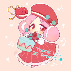  1girl bow braid braided_bun castanets_(cookie_run) cookie_run cookie_run:_ovenbreak double_bun dress food hair_bun happy hat highres humanization looking_at_viewer macaron macaron_cookie open_mouth pink_hair red_eyes shiro_(tiotolv) smile solo 