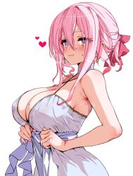  1girl blush breasts choker cleavage closed_mouth clothes_grab commentary dress first_stage_production hair_ribbon hashtag-only_commentary hirowa_nagi large_breasts looking_at_viewer pink_hair ribbon ryugahama_yue short_hair short_hair_with_long_locks simple_background smile solo sweat translation_request transparent_background virtual_youtuber white_background white_choker white_dress yellow_eyes 