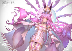  1girl animal_ears black_panties breasts cleavage double_bun dress fate/grand_order fate_(series) gloves gun hair_bun hat highres koyanskaya_(assassin)_(third_ascension)_(fate) koyanskaya_(fate) long_hair looking_at_viewer panties pantyshot pink_gloves pink_hair rabbit_ears radishkek smile solo tamamo_(fate) underwear weapon white_dress white_hat yellow_eyes 