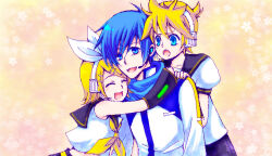  1girl 2boys :o arm_warmers blonde_hair blue_eyes blue_hair blue_scarf bow closed_eyes coat commentary_request crodire hair_bow hair_ornament hairclip headphones headset hug kagamine_len kagamine_rin kaito_(vocaloid) looking_at_another multiple_boys open_mouth scarf short_hair smile upper_body v-shaped_eyebrows vocaloid white_bow white_coat yellow_background 