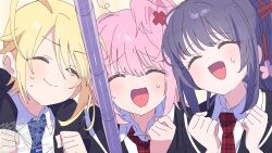  1girl 2boys ^_^ ahoge black_jacket blonde_hair blue_necktie cherry_blossoms clenched_hand clenched_hands closed_eyes closed_mouth collared_jacket collared_shirt crossdressing derivative_work dot_nose eyelashes flower fujisaki_nadeshiko hair_between_eyes hair_flower hair_ornament hair_ribbon high_ponytail hinamori_amu hotori_tadase jacket laughing multiple_boys necktie nervous_smile one_side_up open_clothes open_jacket open_mouth pink_flower pink_hair plaid_clothes plaid_necktie pole ponytail purple_hair red_necktie red_ribbon ribbon school_uniform screenshot_redraw seiyo_academy_school_uniform serizawa_serizane shirt short_hair shugo_chara! smile sweat sweatdrop swept_bangs trap twitter_username unmoving_pattern upper_body vest watermark white_shirt white_vest x_hair_ornament yellow_background 