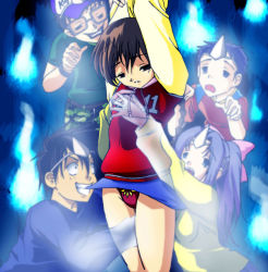  00s 2girls 3boys aoyama_hajime bow breasts brown_hair clothes_lift gakkou_no_kaidan_(anime) ghost grabbing_another&#039;s_breast groping imminent_gangbang imminent_rape kakinoki_leo koigakubo_momoko loli miyanoshita_keiichirou miyanoshita_satsuki molestation multiple_boys multiple_girls panties purple_hair red_panties skirt skirt_lift underwear  rating:Questionable score:18 user:grifo-0010