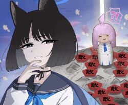  !? 1girl ahoge animal_ears black_eyes black_hair black_nails black_sailor_collar blue_archive blue_halo blue_neckerchief cat_ears character_doll doll grin halo highres kaya_(blue_archive) kikyou_(blue_archive) long_sleeves looking_at_viewer neckerchief pink_hair sailor_collar shirt short_hair smile susi_tabit white_shirt 