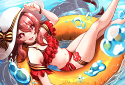  1girl alternate_costume amaneiru bare_shoulders bikini bow bracelet brown_hair collarbone commentary_request fingernails flower-shaped_pupils frilled_bikini frills from_side genshin_impact hair_between_eyes hand_on_headwear hat hat_bow highres hu_tao_(genshin_impact) jewelry looking_at_viewer looking_to_the_side lower_teeth_only nail_polish navel on_innertube open_mouth red_bikini red_eyes red_nails ruffle_bikini side-tie_bikini_bottom solo stomach striped_bow swimsuit symbol-shaped_pupils teeth twitter_username water white_hat wide_brim yellow_innertube 