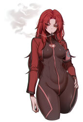  1girl absurdres armband black_bodysuit bodysuit breasts cigarette cleavage cleavage_cutout clothing_cutout collarbone covered_navel cowboy_shot crop_top cropped_jacket cropped_legs facial_scar forehead gebura_(project_moon) groin hand_on_own_hip highres jacket large_breasts lobotomy_corporation long_hair long_sleeves looking_down looking_to_the_side misg1111 open_clothes open_jacket parted_bangs project_moon red_armband red_hair red_jacket scar scar_on_cheek scar_on_face simple_background smoke smoke_trail smoking solo stomach white_background yellow_eyes zipper zipper_pull_tab 