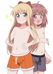  2girls absurdres akaza_akari blonde_hair blue_eyes blush bow breasts closed_mouth collarbone grey_shorts hair_bow hands_on_own_hips highres loli long_hair looking_at_viewer male_swimwear male_swimwear_challenge multiple_girls navel okaasan_(okaasandx) open_mouth orange_shorts purple_eyes red_hair shorts simple_background small_breasts smile swim_trunks topless_female toshinou_kyouko white_background yuru_yuri 