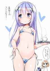 2girls bikini blue_eyes blue_hair cup female_pervert gochuumon_wa_usagi_desu_ka? hair_ornament highleg highleg_bikini hoto_cocoa kafuu_chino long_hair micro_bikini multiple_girls navel pervert plaid_bikini plaid_clothes rabbit_house_uniform shiina_2265 solo_focus spill spilling swimsuit tousaki_shiina translated tray x_hair_ornament rating:Questionable score:71 user:danbooru