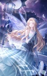  1girl artist_request bare_shoulders bead_necklace beads blue_dress blue_gloves blue_wings breasts bug butterfly castle cleavage closed_eyes cloud crescent_print dress earrings elbow_gloves elf fairy_wings feather_hair_ornament feathers feet_out_of_frame flower flower_necklace game_cg gloves gradient_clothes gradient_dress gradient_gloves hair_ornament hairband highres insect interlocked_fingers jewelry lake lamppost light_particles long_hair moonlight_song_(shining_nikki) musical_note musical_staff necklace night night_sky nikki_(series) official_art ophelia_(shining_nikki) outdoors own_hands_clasped own_hands_together parted_lips pointy_ears railing shining_nikki sky smile solo standing star_(symbol) star_print strapless strapless_dress very_long_hair wavy_hair white_flower white_gloves white_hairband wings 