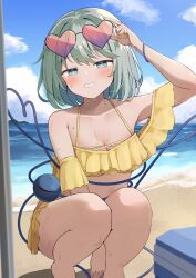  1girl alternate_costume arm_between_legs arm_up beach bikini blue_sky breasts cleavage cloud commentary_request day eyewear_on_head green_eyes green_hair grin heart heart-shaped_eyewear heart_of_string highres kirikaze_ren komeiji_koishi looking_at_viewer medium_breasts ocean outdoors short_hair sky smile solo squatting sunglasses swimsuit third_eye tinted_eyewear touhou yellow_bikini 