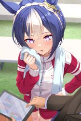  1boy 1girl alternate_costume animal_ears blue_hair blurry blush braid breasts cesario_(umamusume) commentary_request crown_braid hair_between_eyes hair_ornament highres horse_ears horse_girl horse_tail jacket jersey medium_breasts medium_hair purple_eyes solo_focus sweat tablet_pc tail toketa-sekai towel track_jacket track_suit trainer_(umamusume) umamusume 