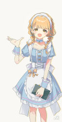  1girl :d absurdres apron blonde_hair blue_dress blush bow braid choker commentary cowboy_shot dated dress earrings fang frilled_apron frilled_choker frills fujita_kotone gakuen_idolmaster highres holding holding_menu idolmaster jewelry looking_at_viewer maid_apron maid_headdress menu open_mouth puffy_short_sleeves puffy_sleeves qs11 short_sleeves signature skin_fang smile solo symbol-only_commentary twin_braids waist_apron waist_bow white_apron wrist_cuffs yellow_eyes 