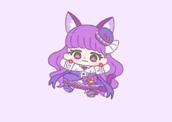  1girl :3 absurdly_long_hair animal_ear_fluff animal_ears animal_shoes anklet blunt_bangs boots bow bubble_skirt cat_ears cat_girl cat_tail chibi closed_mouth cure_macaron dot_nose dress dress_bow earrings extra_ears eyelashes food food-themed_clothes food-themed_hair_ornament frilled_sleeves frills gloves hair_ornament hair_ribbon happy heart heart_print ichigo_usuhana jewelry kirakira_precure_a_la_mode knee_boots kotozume_yukari light_blush long_hair looking_at_viewer macaron magical_girl medium_dress outstretched_arms pink_bag precure puffy_short_sleeves puffy_sleeves purple_background purple_bow purple_dress purple_eyes purple_hair purple_ribbon ribbon short_sleeves simple_background skirt smile solo sphere_earrings tail tareme two-tone_bag very_long_hair waist_bag wavy_hair white_gloves white_sleeves yellow_bag 