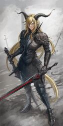  1girl absurdres alternate_costume animal_ears arknights armor black_horns blonde_hair blood blood_on_face chainmail closed_mouth commentary curled_horns degenbrecher_(arknights) dual_wielding english_commentary eyes_visible_through_hair full_armor full_body gauntlets hair_between_eyes highres holding holding_sword holding_weapon horns long_hair looking_at_viewer planted planted_sword planted_weapon red_wann sabaton solo standing staring sword tassets very_long_hair weapon 