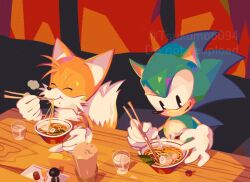 blonde_hair blue_fur blue_hair bowl child classic_sonic classic_tails condiment eating food fox gloves night noodles ramen sega sitting smile sonic_(series) sonic_the_hedgehog spice spiked_hair tails_(sonic) tsukumo6094 water_cup yellow_fur