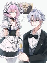  1boy 1girl ahoge alcohol apron black_bow black_dress black_vest blue_eyes bow breasts champagne champagne_flute cheddar_n cleavage color_connection company_connection cosplay cup cyrene_(honkai:_star_rail) dress drinking_glass elysia_(honkai_impact) elysia_(honkai_impact)_(cosplay) elysia_(miss_pink)_(honkai_impact) elysia_(miss_pink_elf)_(honkai_impact) fake_horns game_screenshot_inset gloves gold_tattoo hair_color_connection hashtag-only_commentary highres hino_satoshi holding holding_cup honkai:_star_rail honkai_(series) honkai_impact_3rd horns inoue_marina kevin_kaslana kevin_kaslana_(cosplay) maid maid_apron maid_headdress neck_tattoo official_alternate_costume phainon_(honkai:_star_rail) pink_hair shirt short_hair small_breasts tattoo thighhighs vest voice_actor_connection white_apron white_gloves white_hair white_shirt white_thighhighs yanning 