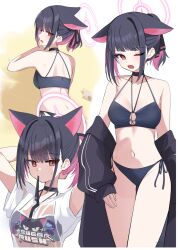  animal_ears bare_shoulders bikini black_bikini black_hair black_jacket blue_archive cat_ears halo highres inapple jacket kazusa_(band)_(blue_archive) kazusa_(blue_archive) looking_at_viewer medium_hair navel pink_eyes pink_hair pink_halo ponytail shirt swimsuit thighs white_shirt 