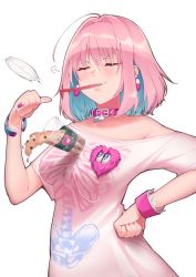  1girl ahoge bare_shoulders blue_hair blush bracelet breasts bubble_tea bubble_tea_challenge choker closed_eyes commentary_request drinking_straw earrings failure fang female_focus hand_on_own_hip heart heart_on_chest idolmaster idolmaster_cinderella_girls jewelry kemololi mouth_hold multicolored_hair pill_earrings pink_hair pointing pointing_at_self ring shirt short_hair simple_background skeleton_print skin_fang smug solo spilling t-shirt two-tone_hair white_background yumemi_riamu  rating:Sensitive score:10 user:danbooru