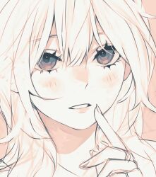  1girl 23i2ko blue_eyes blunt_bangs blush double-parted_bangs hair_over_shoulder hand_on_own_chin jewelry long_hair looking_at_viewer original pink_hair pink_theme portrait ring solo 