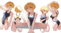  1girl absurdres arms_up ass blonde_hair breasts cleavage closed_mouth collarbone competition_swimsuit don_quixote_(project_moon) grin highres jeehyung_seo large_breasts limbus_company looking_at_viewer one-piece_swimsuit open_mouth parted_lips project_moon racerback red_eyes short_hair simple_background sitting smile solo sweat swimsuit v v_arms white_background yellow_eyes 
