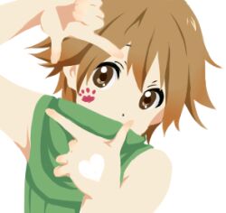  1boy album_cover_redraw brown_eyes brown_hair cheek_tattoo commentary_request derivative_work finger_frame green_scarf green_shirt k-on! looking_at_viewer lowres male_focus meiko_(nattu303) parody paw_tattoo ragnarok_online ranger_(ragnarok_online) scarf shirt short_hair simple_background sleeveless sleeveless_shirt solo tattoo upper_body white_background 