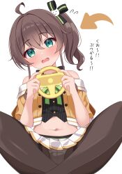 1girl absurdres bare_shoulders blush bow brown_hair brown_pantyhose butterfly_sitting green_eyes hair_bow hair_ornament highres holding hololive looking_at_viewer midriff mitsuboshi_nuko natsuiro_matsuri natsuiro_matsuri_(1st_costume) navel panties panties_under_pantyhose pantyhose pantyshot shirt side_ponytail simple_background sitting skirt solo translation_request underwear virtual_youtuber white_background white_panties white_skirt yellow_shirt 