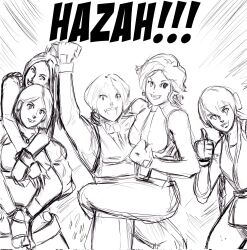  5girls blue_mary carrying carrying_person dougi fist_up gloves hand_up karate_gi king_(snk) long_hair looking_at_viewer medium_hair multiple_girls shiranui_mai shirt short_hair smile smiley_face standing taurence_bell the_king_of_fighters thick_thighs thighs vanessa_(kof) wide_hips yuri_sakazaki 