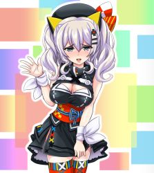  1girl :d alternate_costume bare_shoulders beret blush breasts cleavage commentary_request cosplay cowboy_shot curly_hair eyebrows female_focus grey_eyes hair_between_eyes hair_ornament hairpin hat highres kaguya_luna kaguya_luna_(character) kaguya_luna_(character)_(cosplay) kantai_collection kashima_(kancolle) large_breasts lipstick long_hair look-alike looking_at_viewer makeup open_mouth outline silver_hair sleeveless smile solo standing the_moon_studio thighhighs tk8d32 twintails virtual_youtuber waving white_outline zettai_ryouiki 