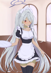  &gt;:( 1girl absurdres alternate_costume apron black_dress black_thighhighs blue_archive blush closed_mouth collarbone commentary cowboy_shot dark-skinned_female dark_skin demon_girl demon_tail dress enmaided eyes_visible_through_hair frilled_apron frilled_dress frills frown grey_hair hair_over_one_eye halo hand_up highres holding holding_tray indoors iori_(blue_archive) kimagurain long_bangs long_hair looking_ahead maid maid_apron pointy_ears puffy_short_sleeves puffy_sleeves purple_halo red_eyes sailor_collar short_sleeves sidelocks skindentation solo split_mouth story_in_commentary straight_hair tail thighhighs thighs tray tsurime twintails v-shaped_eyebrows very_long_hair white_apron zettai_ryouiki 