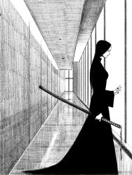  1girl black_dress black_hair dress hallway highres holding holding_sword holding_weapon long_hair long_sleeves looking_to_the_side original sheath solo sword tp_p_pt weapon wide_sleeves 