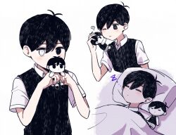  1boy antenna_hair black_eyes black_hair black_sweater_vest bright_pupils character_doll closed_eyes closed_mouth collared_shirt commentary_request covered_mouth cropped_torso doll double-parted_bangs hair_behind_ear hair_between_eyes hand_up hands_up hatching_(texture) head_on_pillow heart heterochromia holding holding_doll looking_at_viewer lying male_focus mismatched_pupils multiple_views omori omori_(omori) on_back one_eye_closed parted_lips pillow sentient_stuffed_toy shirt short_hair short_sleeves simple_background sleeping spoken_heart sunny_(omori) sweater_vest under_covers upper_body very_short_hair white_background white_eyes white_pupils white_shirt yutsu zzz 