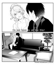  1boy 1girl bare_shoulders black_jacket black_necktie black_suit blush braid breasts chair cleavage collared_shirt couch cpcho1 crown_braid door dress english_text final_fantasy final_fantasy_xv formal_clothes grey_shirt greyscale hair_between_eyes highres indoors jacket looking_at_viewer lunafreya_nox_fleuret medium_breasts meme monochrome necktie noctis_lucis_caelum own_hands_clasped own_hands_together parks_and_recreation parody parted_lips patreon_username plant ponytail potted_plant screentones shirt sitting sleeveless sleeveless_dress subtitled suit suit_jacket table white_dress 
