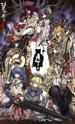6+girls absurdres adapted_costume aks_hongbai_heihuang bad_apple!! beret biwa_lute black_hair black_hat black_skirt black_vest blonde_hair blonde_oekaki_girl_(touhou) blue_hair bow branch newsboy_cap commentary_request cross detached_sleeves dolls_in_pseudo_paradise erhu fedora flat_cap flower flute frilled_hat frilled_shirt frilled_shirt_collar frills girl_who_trained_on_mt._haku_(touhou) green_bow grey_eyes hair_bow hair_over_one_eye hair_ribbon hakama hakama_skirt hakurei_reimu harp hat hat_flower highres holding holding_cross hourai_girl_(touhou) instrument jacket_girl_(dipp) japanese_clothes kimono kirisame_marisa koto_(instrument) label_girl_(dipp) long_hair long_skirt long_sleeves lute_(instrument) medium_hair miko moonlight&#039;s_anti-soul_(touhou) multiple_girls music playing_instrument ponytail portrait_of_exotic_girls puffy_sleeves purple-haired_oekaki_girl_(touhou) purple_eyes purple_hair purple_hat red_hakama red_hat red_ribbon red_skirt ribbon satsuki_rin shirt side_ponytail silhouette sitting skirt smoke stool tassel touhou translation_request very_long_hair vest wavy_hair white_kimono white_ribbon wide_sleeves yellow_eyes