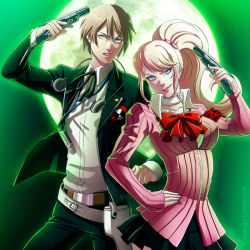  1boy 1girl blonde_hair bow breasts brown_hair cardigan choker cosplay danganronpa:_trigger_happy_havoc danganronpa_(series) diana_vigo digital_media_player enoshima_junko evoker full_moon glasses gun hand_on_own_hip handgun hatoko-sama headphones headphones_around_neck holding holding_removed_eyewear holster ishida_akira ishida_akira_(voice_actor) large_breasts long_hair megami_tensei moon persona persona_3 pistol school_uniform shin_megami_tensei short_hair skirt takeba_yukari takeba_yukari_(cosplay) togami_byakuya toyoguchi_megumi unworn_eyewear voice_actor_connection weapon yuuki_makoto_(cosplay) yuuki_makoto_(persona_3) 