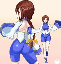  1girl ass backless_outfit bike_shorts bloody_roar boots bow braid breasts brown_eyes brown_hair cameltoe from_behind hair_bow highres long_hair looking_at_viewer looking_back nonomura_uriko not_a_chan single_braid smile solo very_long_hair wide_sleeves 