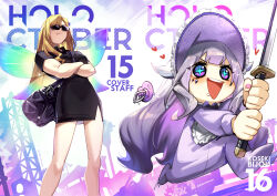  +_+ 2girls :d absurdres adarin alternate_costume baby bag bib black_shirt black_skirt blonde_hair blush bonnet commentary_request cover_staff crossed_arms duffel_bag face_jewel fairy_wings grey_hair heart highres holding holding_sword holding_weapon hololive hololive_english hololive_grand_theft_auto katana koseki_bijou long_hair multiple_girls onesie open_mouth outdoors pacifier purple_eyes running shirt shoulder_bag skirt skirt_set smile standing sunglasses sword thai_commentary virtual_youtuber weapon wings 